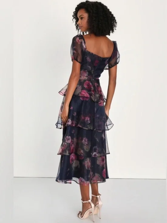 Lulus Oh-So Stunning Navy Blue Floral Organza Tiered Midi Dress Size Large - Picture 3 of 6